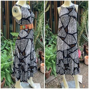 Vintage J.B.S. Pleated Crinkle Leopard Tiered Maxi Dress Size Medium Large